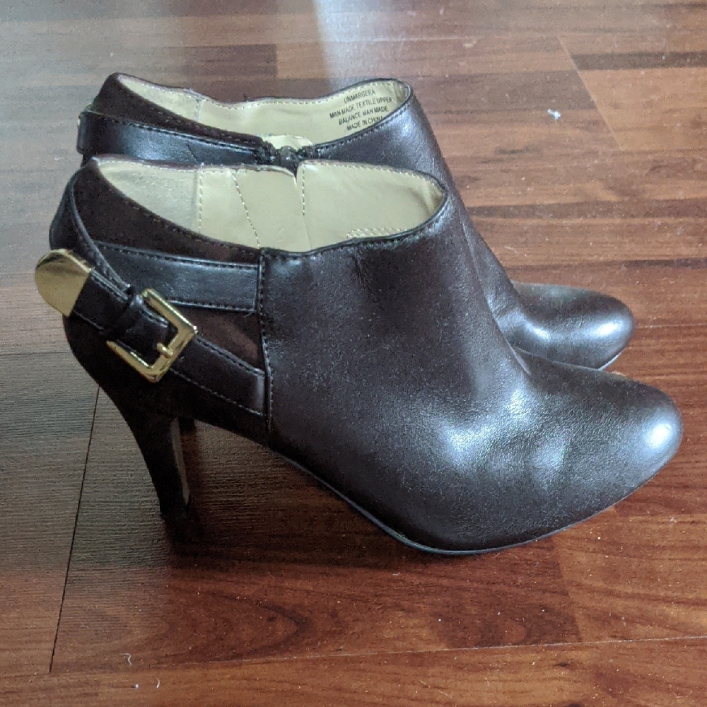 Unisa Dark Brown Ankle Booties with Gold Buckle